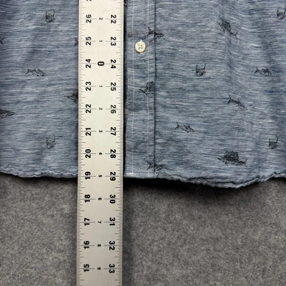 Banana Republic Mens XL Blue Linen Cotton Shark Print Slim Fit Button Down Shirt